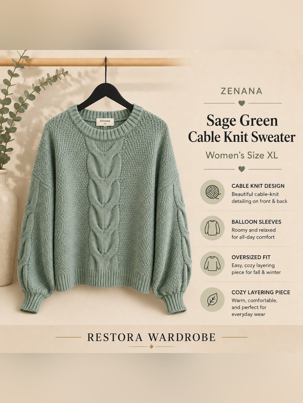 Zenana XL Sage Green Cable Knit Balloon Sleeve Oversized Crewneck Sweater